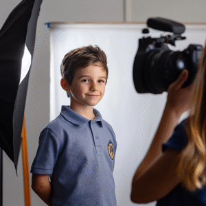 a student pupil having his photo taken by a school portrait photographer